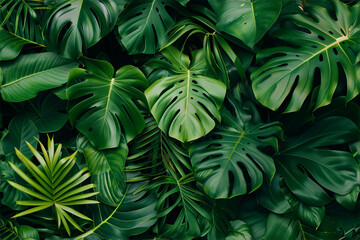 Dense tropical monstera leaves creating a lush green canopy - obrazy, fototapety, plakaty