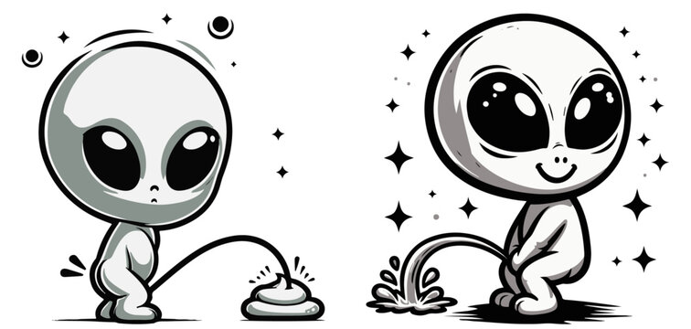 alien cartoon character, colorless black vector, funny illustration silhouette