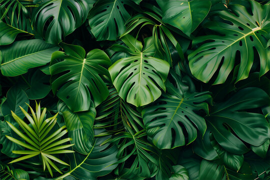 Dense tropical monstera leaves creating a lush green canopy