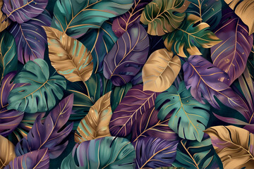 Colorful tropical leaves with golden accents on a dark background