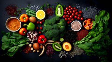 fresh and healthy foods on background