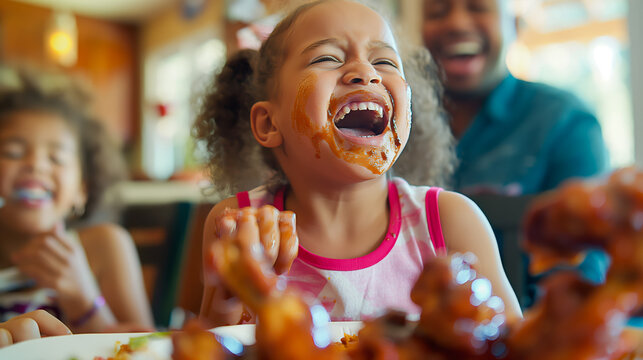 Family enjoying homemade BBQ chicken wings together during an indoor weekend lunch, kids giggling as they get messy faces.