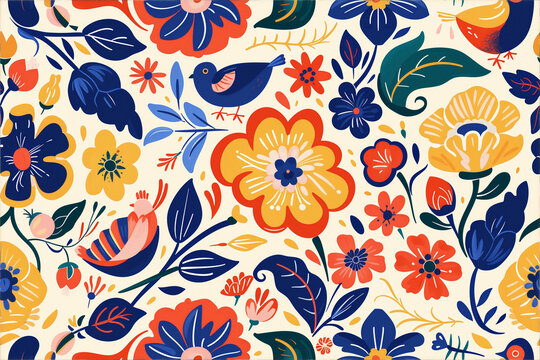 Cheerful pattern with colorful flowers and birds in a folk style