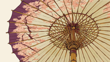 Top-Down View of Elegant Japanese Parasol Sakura Tree Pattern Adorning Red Canopy, Bamboo Ribs Wrapped in Paper