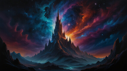 A swirling, abyssal void punctuated by clusters of shimmering stars, a towering structure of crystalline spires emerges from the darkness, refracting the faint light in mesmerizing patterns, mountainn