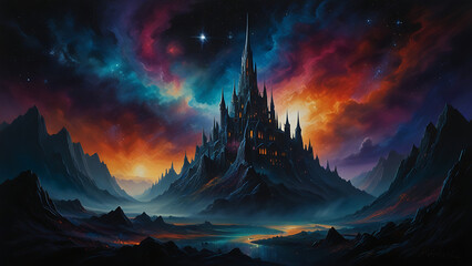 A swirling, abyssal void punctuated by clusters of shimmering stars, a towering structure of crystalline spires emerges from the darkness, refracting the faint light in mesmerizing patterns, tower