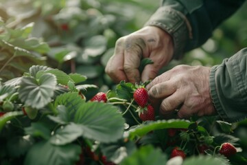Farmer's Hand in Focus Picking Fresh Strawberries