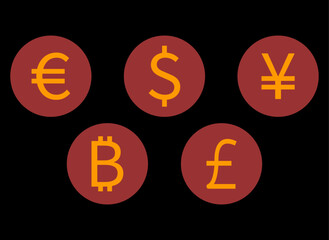 
An illustration depicting currencies of different countries, including the Internet currency Bitcoin, yellow in burgundy circles
