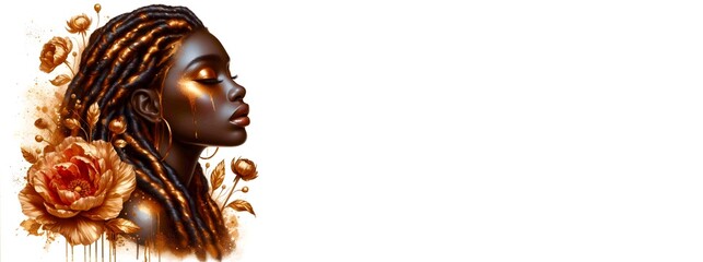 Black woman portrait. Banner with text space african woman 