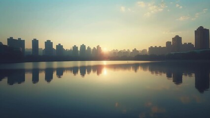 The sun dips below the horizon casting long shadows of buildings onto the tranquil surface of the lake a hazy cityscape looming in the distance.