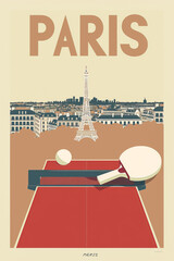 PARIS poster with ping-pong paddle, ball, Paris-inspired backdrop
