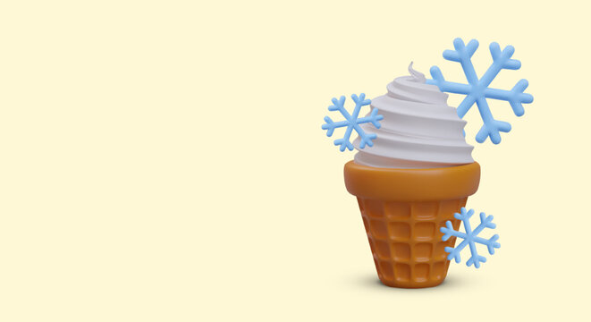 Realistic creamy ice cream in waffle cone, snowflakes. Cooling sweets, dessert