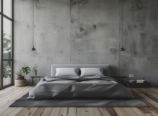 Minimalist bedroom interior with a gray bed, wooden floor and concrete wall background