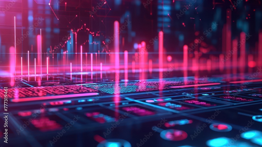 Poster dynamic composition of advanced financial graphs and futuristic investment icons in a modern and inf