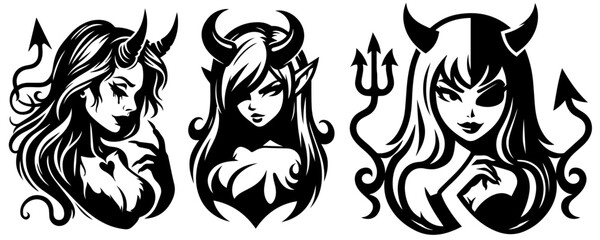 devil girl with horns and a trident, black and white vector, silhouette svg decoration shape illustration