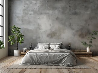Minimalist bedroom interior with a gray bed, wooden floor and concrete wall background