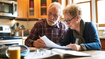 Senior couple reviewing documents about estate planning at the kitchen table surrounded by personal finance books and glasses.