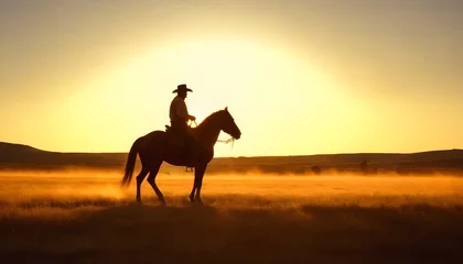 Foto op Plexiglas Western landscape with silhouette of a lonely cowboy riding a horse in beautiful midwest scenery © Yauhen