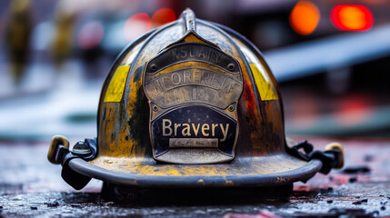 Bravery inscribed on a firefighter's helmet.