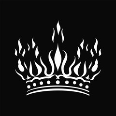 Black and white illustration of a crown with flames