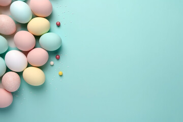 Naklejka na ściany i meble pastel color easter eggs on a light blue color background with a place to text. April easter celebration. AI generated. 