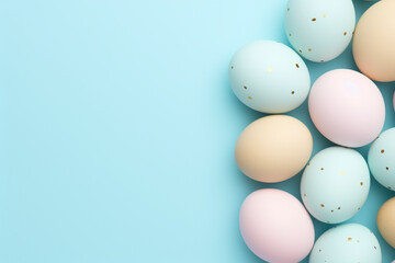 pastel color easter eggs on a light blue color background with a place to text. April easter celebration. AI generated. 