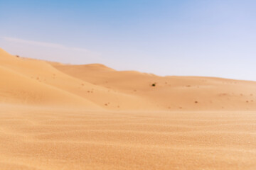 Fototapeta na wymiar Wide desert sand dune with hills and blue sky. Grained yellow sand. Abstract landscape backgrounds
