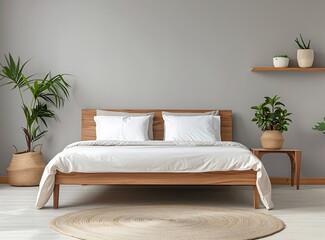 Minimalist bedroom with a wooden bed, white pillows and a beige rug against a grey wall with plants on side tables near a shelf