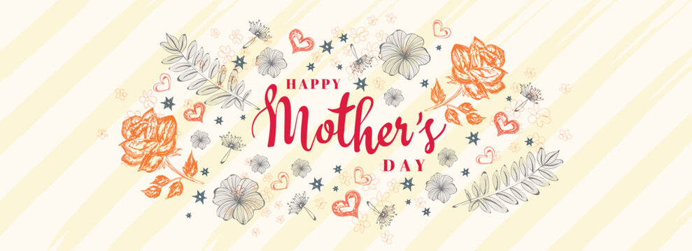Beautiful rose flowers and leaves decorated on stripe background with stylish lettering of Mother's Day. Header or banner design.