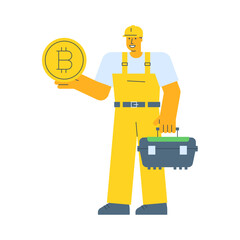 Builder holding coin with bitcoin sign and holding suitcase