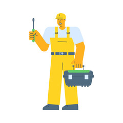 Builder holding screwdriver and holding suitcase
