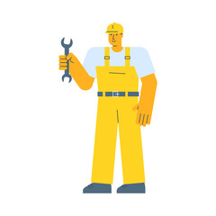 Builder holding wrench and smiling
