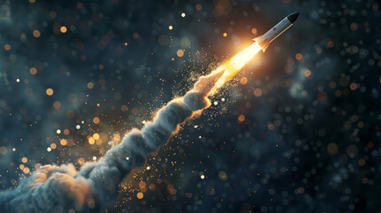 The moment of separation, where the first stage booster detaches, leaving trails of smoke and sparks as the main rocket continues its climb - obrazy, fototapety, plakaty