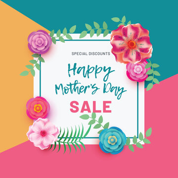 Happy Mohter's Day decorated text with beautiful flowers and leafs on colorful background. Sale Banner or Sale Poster Background.