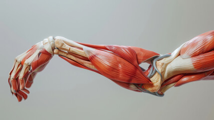 Obraz na płótnie Canvas 3D model of the human elbow joint, focusing on bone, ligament, and muscle interaction