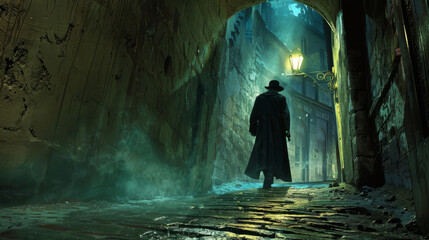 A detective following a trail of footprints in a secluded alley, mystery in the air
