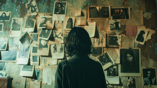 A detective’s wall covered in photos and notes, connecting the dots of a mystery