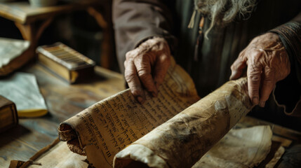 A historian unrolling an ancient scroll, deciphering lost languages - obrazy, fototapety, plakaty