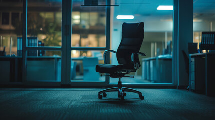 A lone office chair in an empty office at night, symbolizing overwork and isolation - obrazy, fototapety, plakaty