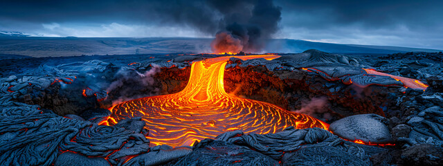 Volcanic eruption by night, glowing lava and smoke, adventure and natures spectacle - obrazy, fototapety, plakaty