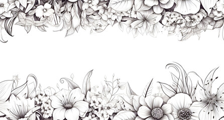 A black and white line art illustration of various flowers