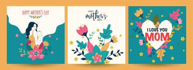 Set of Happy Mother's Day celebration greeting card design decorated with flowers in flat style.