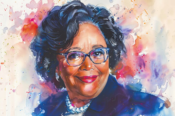 A painting depicting mature African American woman wearing glasses staring directly at the viewer with a neutral expression - obrazy, fototapety, plakaty