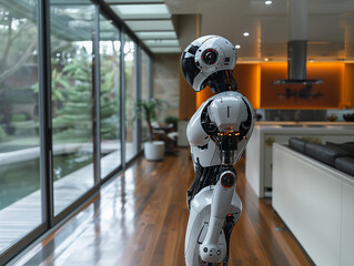 Humanoid Robot staring outside in fancy modern house