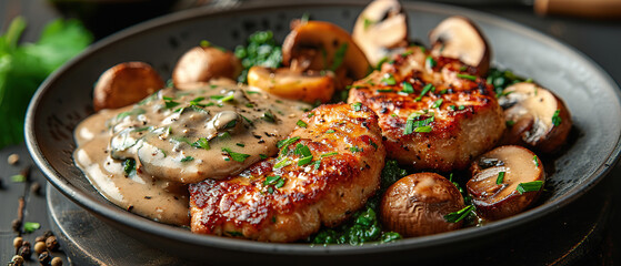 Schnitzel with mushroom sauce, food, restaurant advertising with empty copy space