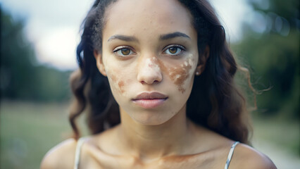 Mujer hermosa con vitíligo en la piel. Chica africana con  presencia de manchas blancas en la piel debido a la falta de pigmentación. Mujer bonita con piel dañada. - obrazy, fototapety, plakaty