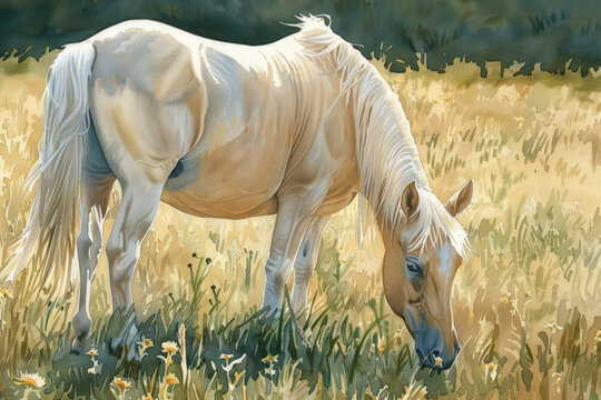 Watercolor painting of a white horse peacefully grazing in a lush green field under a clear blue sky