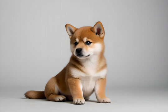 A Shiba Inu puppy sitting in front of a simple background.