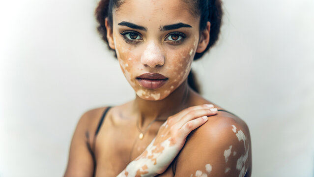 Mujer hermosa con vitíligo en la piel. Chica africana con  presencia de manchas blancas en la piel debido a la falta de pigmentación. Mujer bonita con piel dañada.