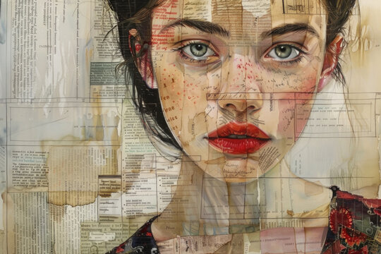 A captivating art piece blending a womans portrait with layers of textual and graphical elements